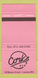 Matchbook Cover - Corks Bar London UK England 30 Strike