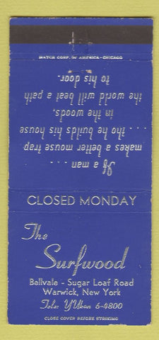 Matchbook Cover - Trhe Surfwood Warwick NY 30 Strike