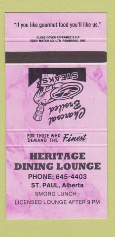 Matchbook Cover - Heritage Dining Lounge St Paul AB 30 Strike