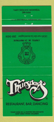 Matchbook Cover - Thursday's Restaurant Montreal QC 30 Strike