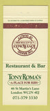 Matchbook Cover - Tony Roma's Ribs London UK England  30 Strike