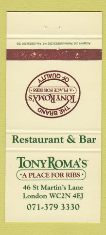Matchbook Cover - Tony Roma's Ribs London UK England  30 Strike