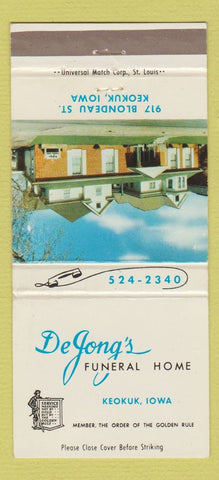 Matchbook Cover - DeJong's Funeral Home Keokuk IA 30 Strike