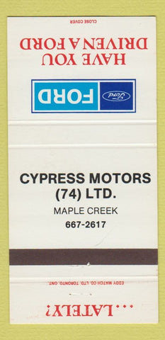 Matchbook Cover - Cypress Motors Ford Maple Creek SK 30 Strike