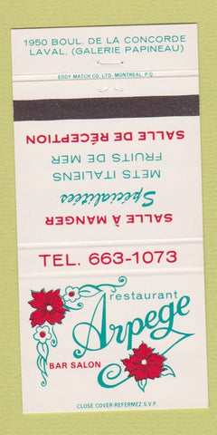 Matchbook Cover - Restaurant Arpege Bar Salon Laval QC 30 Strike