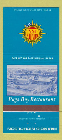 Matchbook Cover - Page Boy Restaurant Quality Inn Williamsburg VA 30 Strike