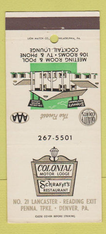 Matchbook Cover - Colonial Motor Lodge Denver PA Schrafft's Restaurant 30 Strike