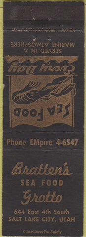 Matchbook Cover - Bratten's Sea Food Grotto Salt Lake City UT