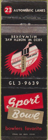 Matchbook Cover - Sport Bwoling Milwaukee WI