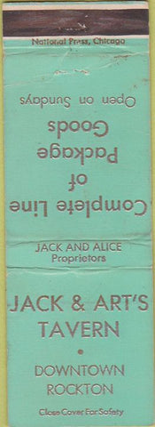 Matchbook Cover - Jack  and  Art's Tavern Rockton IL crease