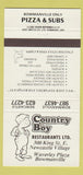 Matchbook Cover Country Boy Restaurants Pizza Newastle Bowmanville ON 30 Strike