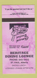 Matchbook Cover - Heritage Dining Lounge St Paul AB PURPLE 30 Strike