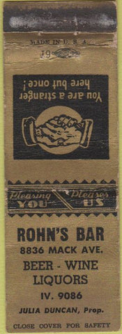 Matchbook Cover - Rohn's Bar NO TOWN WEAR