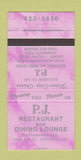 Matchbook Cover - PJ Restaurant Dining Lounge Arnprior ON 30 Strike