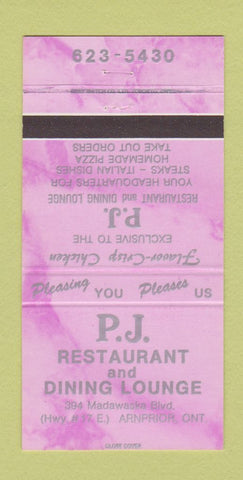 Matchbook Cover - PJ Restaurant Dining Lounge Arnprior ON 30 Strike