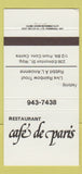 Matchbook Cover - Restaurant Cafe De Paris Winnipeg MB 30 Strike