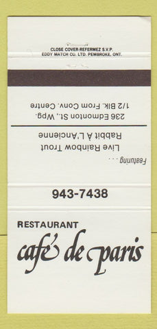 Matchbook Cover - Restaurant Cafe De Paris Winnipeg MB 30 Strike