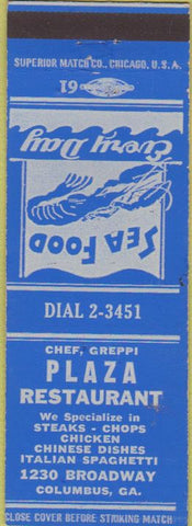 Matchbook Cover - Plaza Restaurant Columbus GA lobster