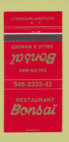 Matchbook Cover - Restaurant Bonsai Chicoutimi QC 30 Strike