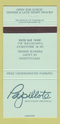 Matchbook Cover - Papillote Restaurant Vancouver BC French 30 Strike