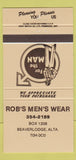 Matchbook Cover - Rob's Men's Clothes Beaverlodge AB 30 Strike