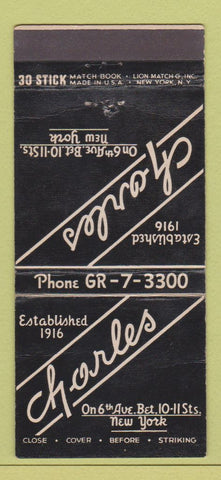 Matchbook Cover - Charles Restaurant New York City 30 Stick