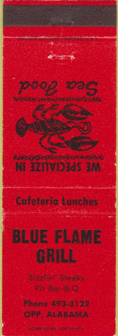 Matchbook Cover - Blue Flame Grill Opp AL BBQ lobster