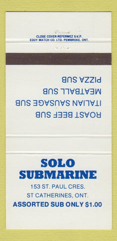 Matchbook Cover - Solo Submarine Sandwiches St Catharines ON 30 Strike