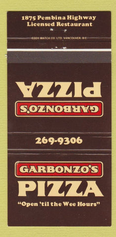 Matchbook Cover - Garbonzo's Pizza Winnipeg MB 30 Strike