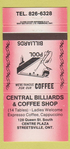 Matchbook Cover - Central Billiards Coffee Shop Streetsville ON 30 Strike