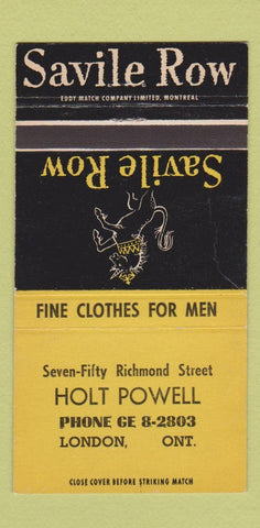 Matchbook Cover - Savile Row Men's Clothes Holt Powell London ON WEAR 30 Strike