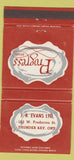 Matchbook Cover - Progress Men's Clothes JB Evans Thunder Bay ON WEAR 30 Strike