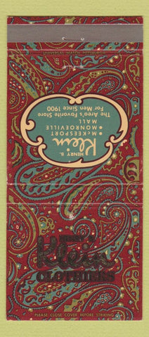 Matchbook Cover - Herny Klein Men's Clothes McKeesport Monroeville PA 30 Strike