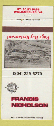 Matchbook Cover - Francis Nicholson Motel Williamsburg VA WEAR 30 Strike