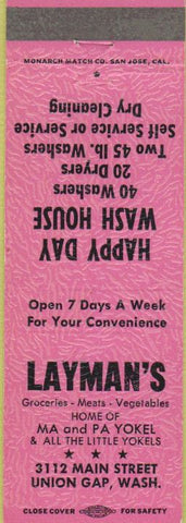 Matchbook Cover - Layman's Wash House laundry Union Gap WA pink
