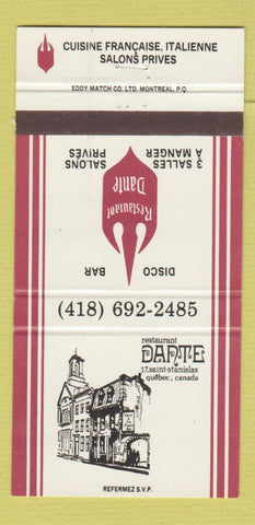 Matchbook Cover - Restaurant Dante Quebec QC 30 Strike