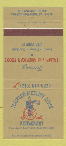 Matchbook Cover - Malvern Meeting House Restaurant Frazer PA 30 Strike