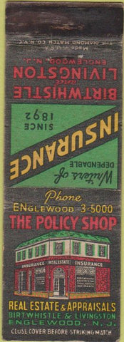 Matchbook Cover - Insurance The Policy Shop Englewood NJ WORN