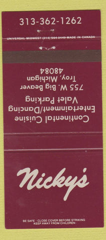 Matchbook Cover - Nicky's Restaurant Troy MI 30 Strike