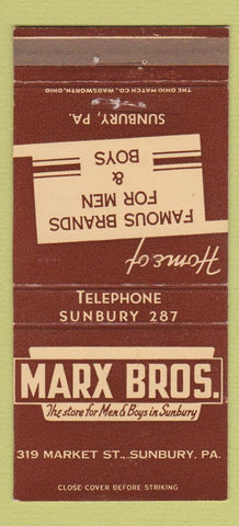 Matchbook Cover - Marx Bros Men's Clothes Sunbury PA 30 Strike