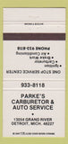 Matchbook Cover - Parke's Carburetor Auto Service Detroit MI 30 Strike