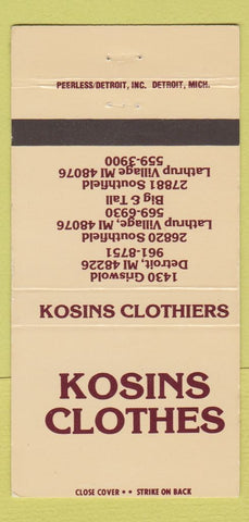 Matchbook Cover - Kosins Clothes Detroit Lathrup Village MI 30 Strike