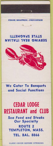 Matchbook Cover - Cedar Lodge Templeton MA lobster