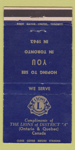Matchbook Cover - Lions Club ON QC 1962 WORN 30 Strike