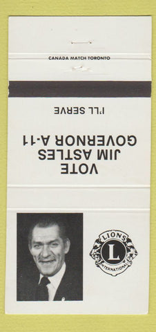 Matchbook Cover - Lions Club Vote Jim Astles Governor Canada 30 Strike