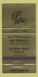 Matchbook Cover - St Johns Hotel Solihull UK WEAR 30 Strike