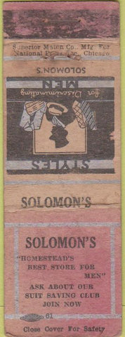 Matchbook Cover - Solomon's Mens Shop POOR