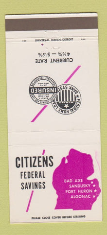 Matchbook Cover - Citizens Federal Savings Bad Axe Port Huron MI 30 Strike