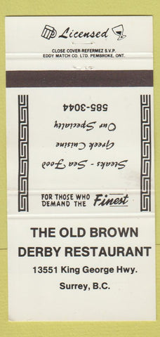 Matchbook Cover - Old Brown Derby Restaurant Surrey BC 30 Strike