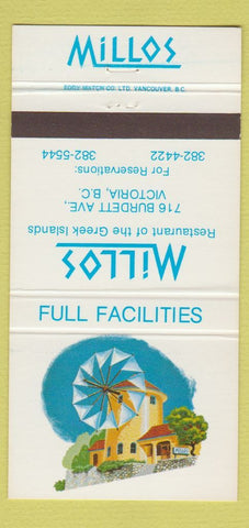 Matchbook Cover - Millos Greek Restaurant Victoria BC 30 Strike